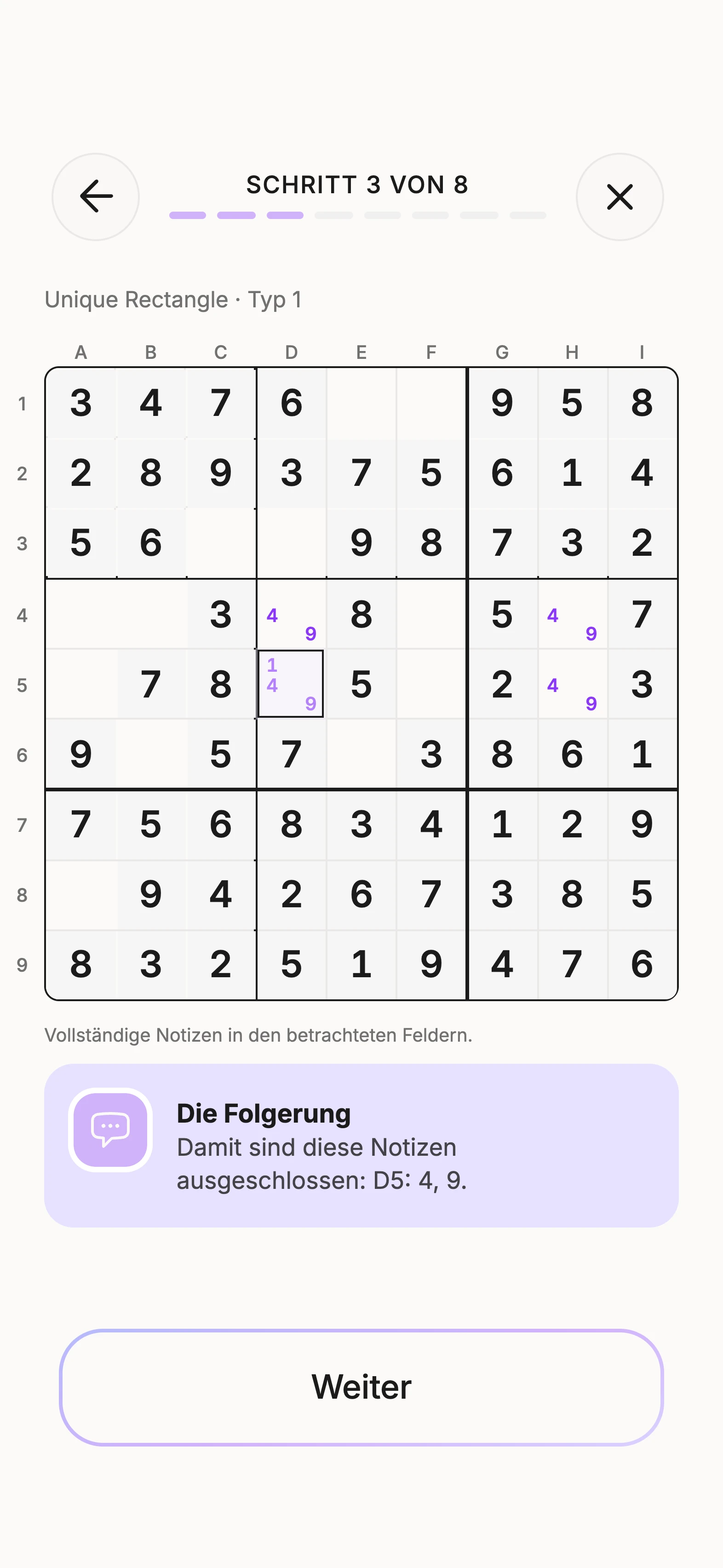 Unisu-Lektion zu Unique Rectangle mit dem erklärten Raster
