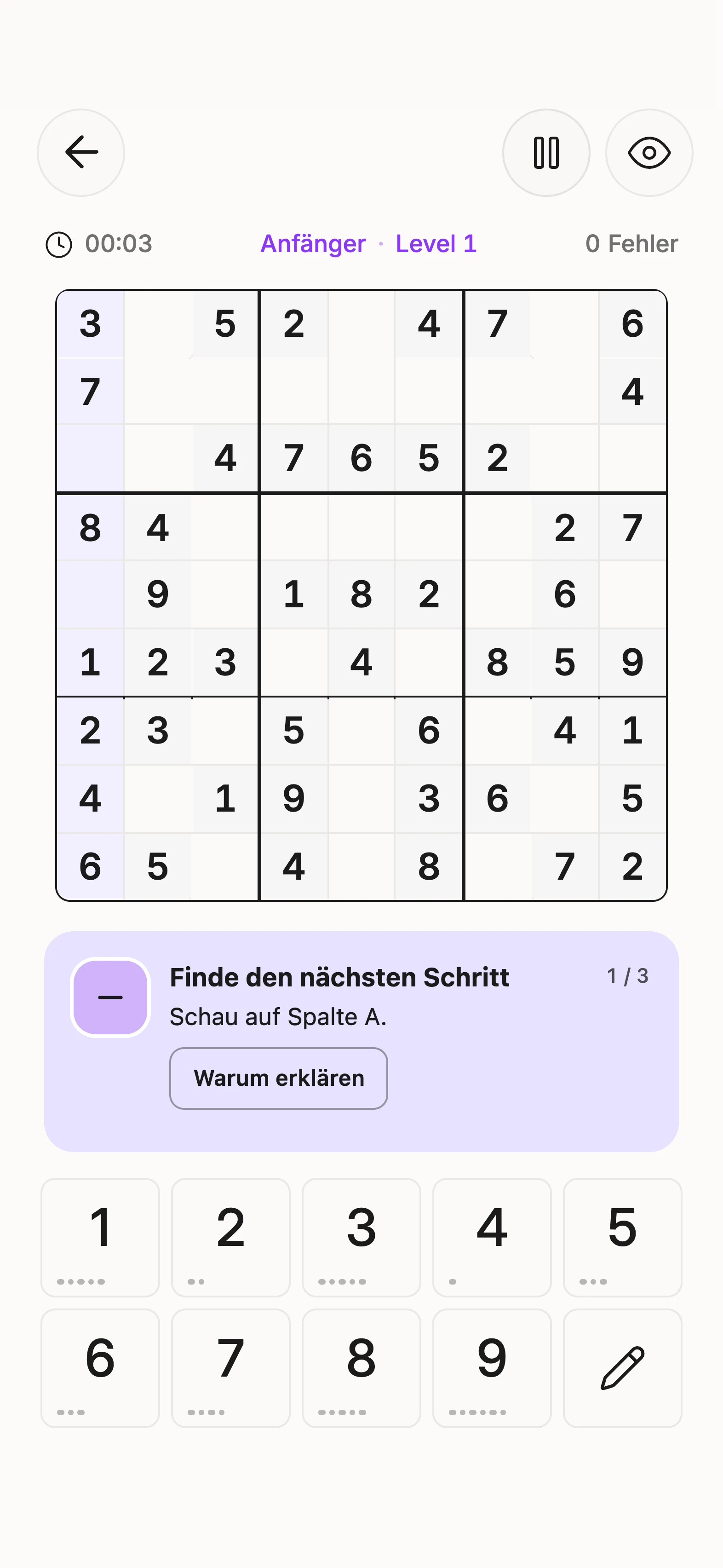 Ein erklärender Sudoku-Hinweis in Unisu