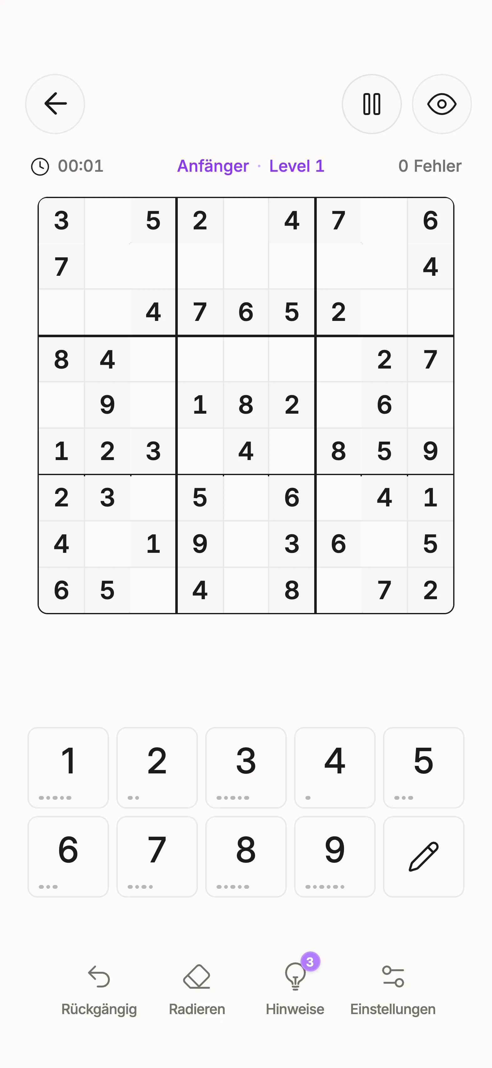Klassisches Sudoku in Unisu