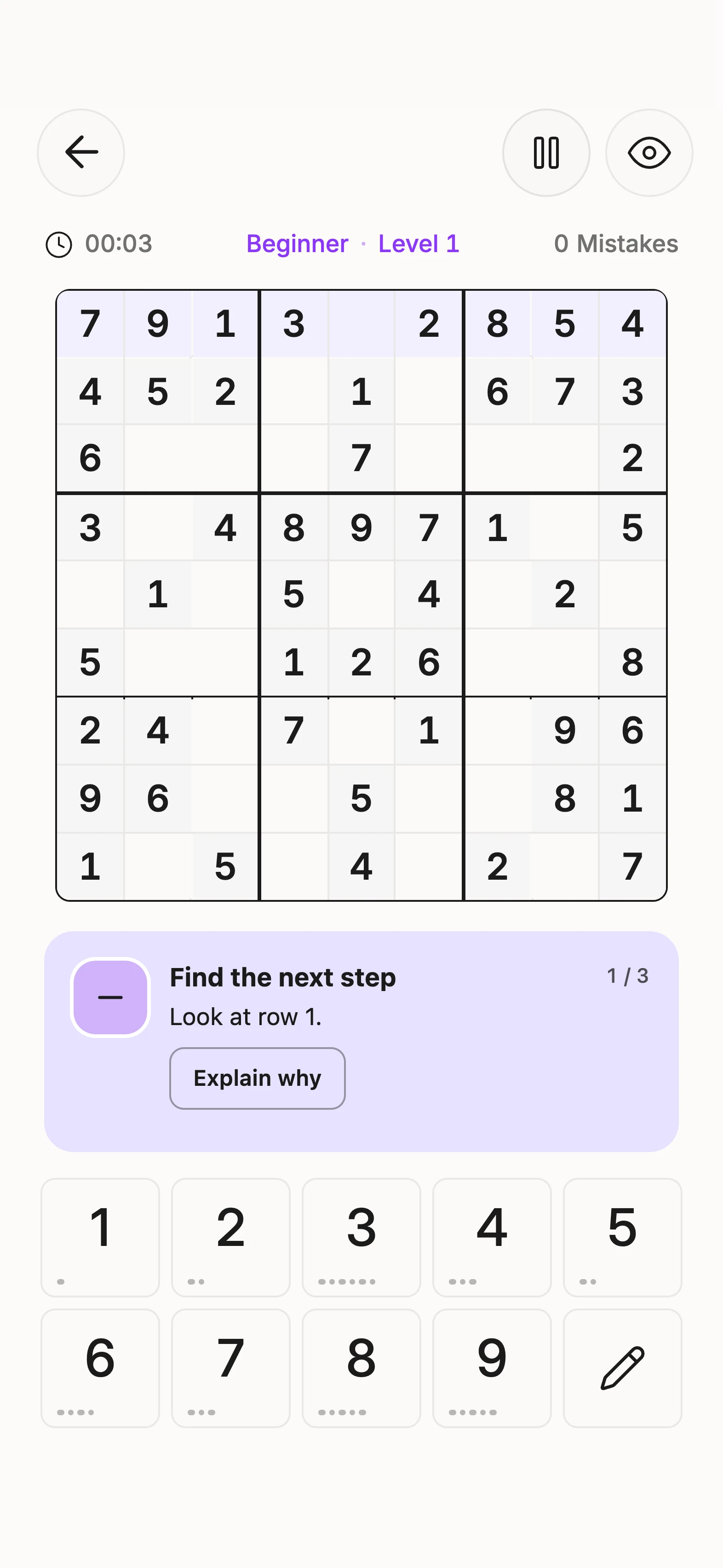 An explained Sudoku hint in Unisu