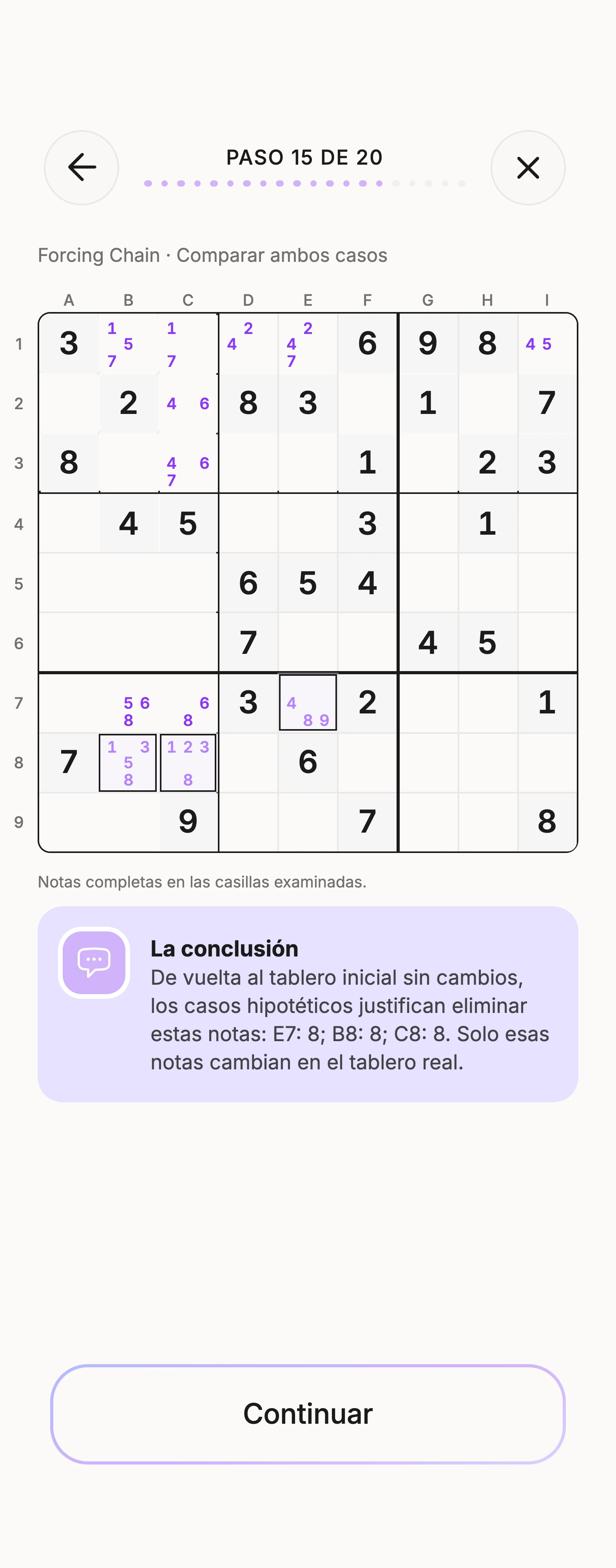 Lección de Unisu sobre Forcing Chain, con la cuadrícula explicada