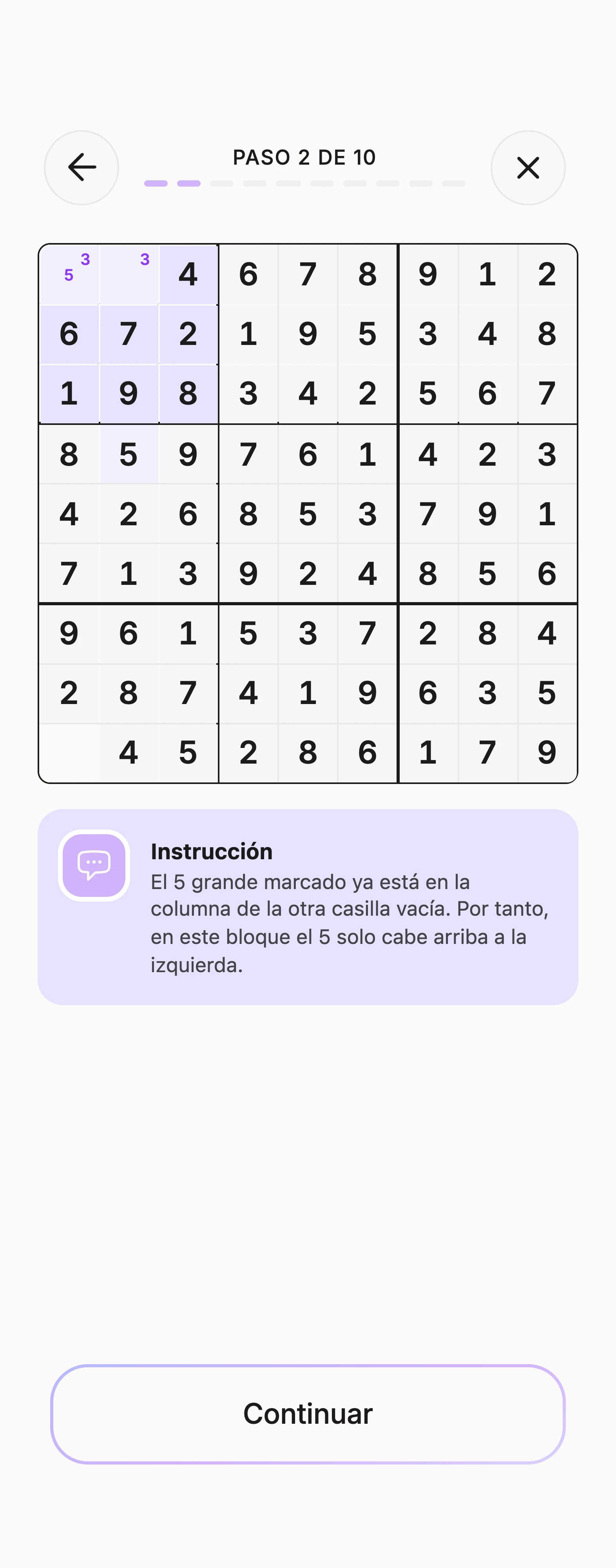 Lección de Unisu sobre Hidden Single, con la cuadrícula explicada