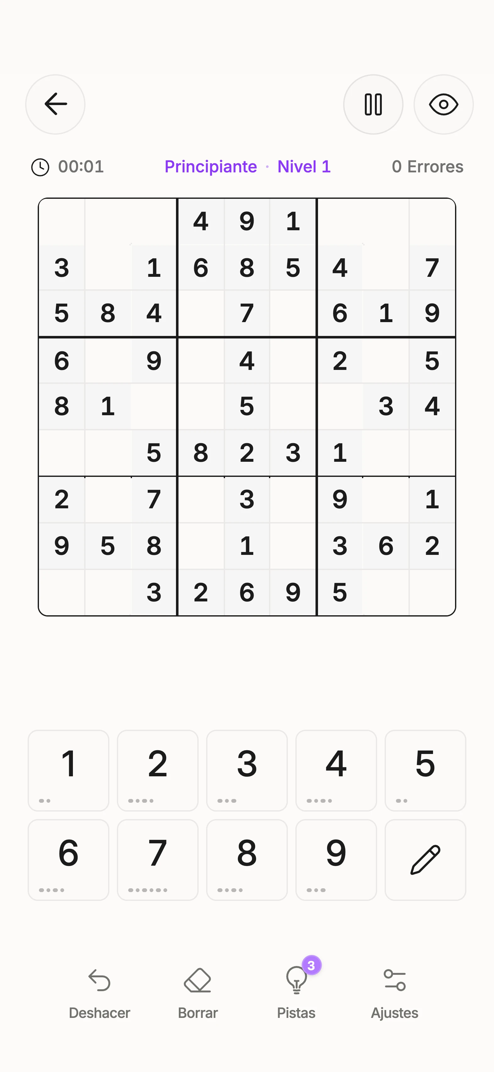 Una partida de sudoku clásico en Unisu