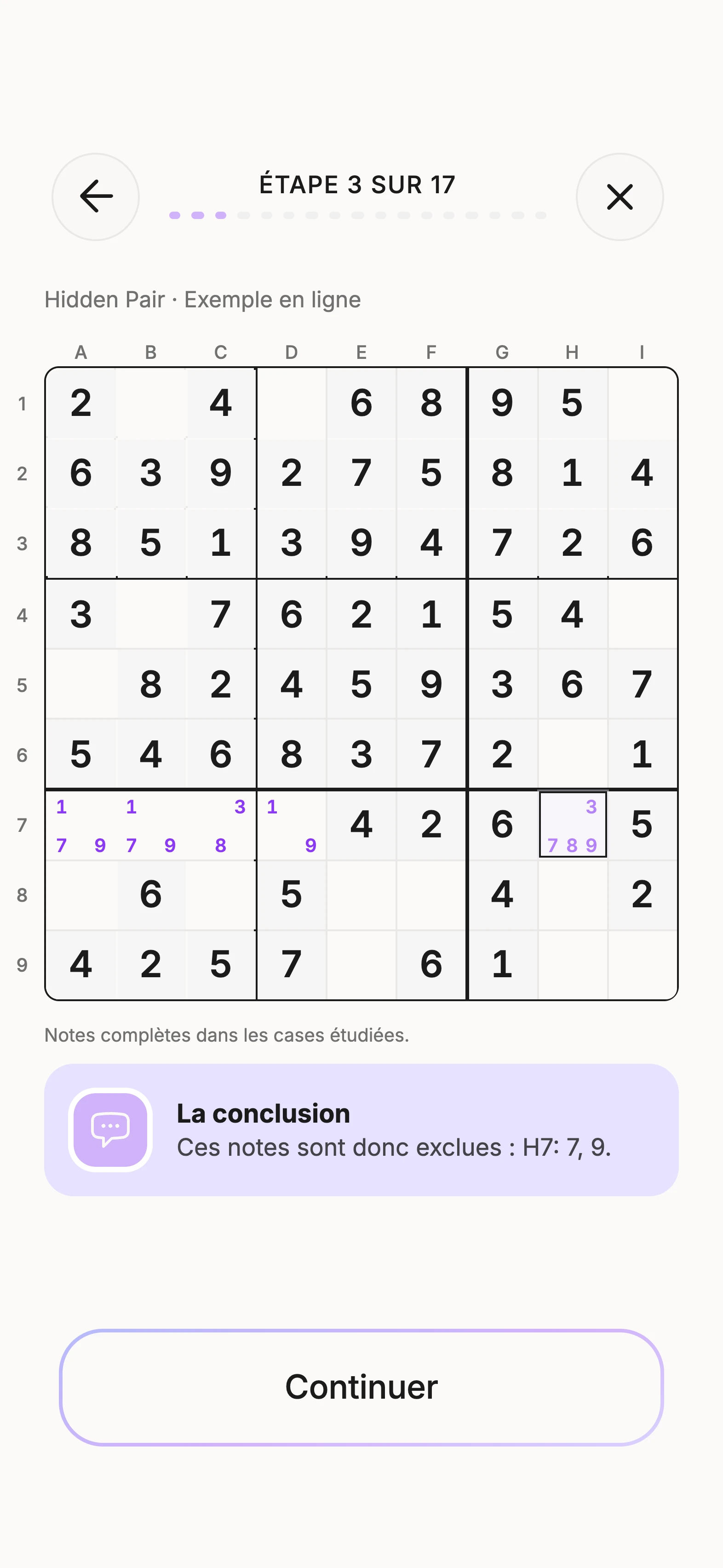 Leçon Unisu sur Hidden Pair, avec la grille expliquée