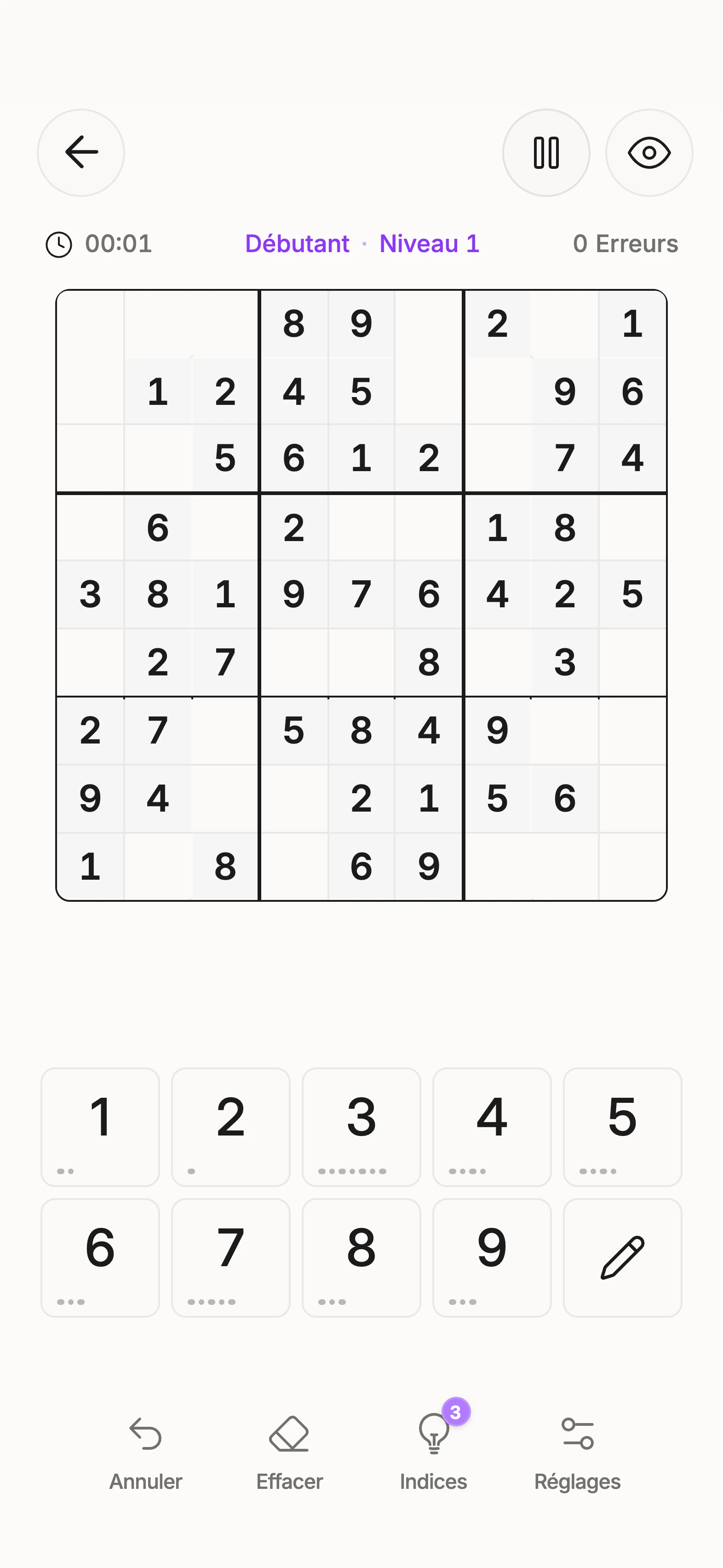 Une partie de sudoku classique dans Unisu