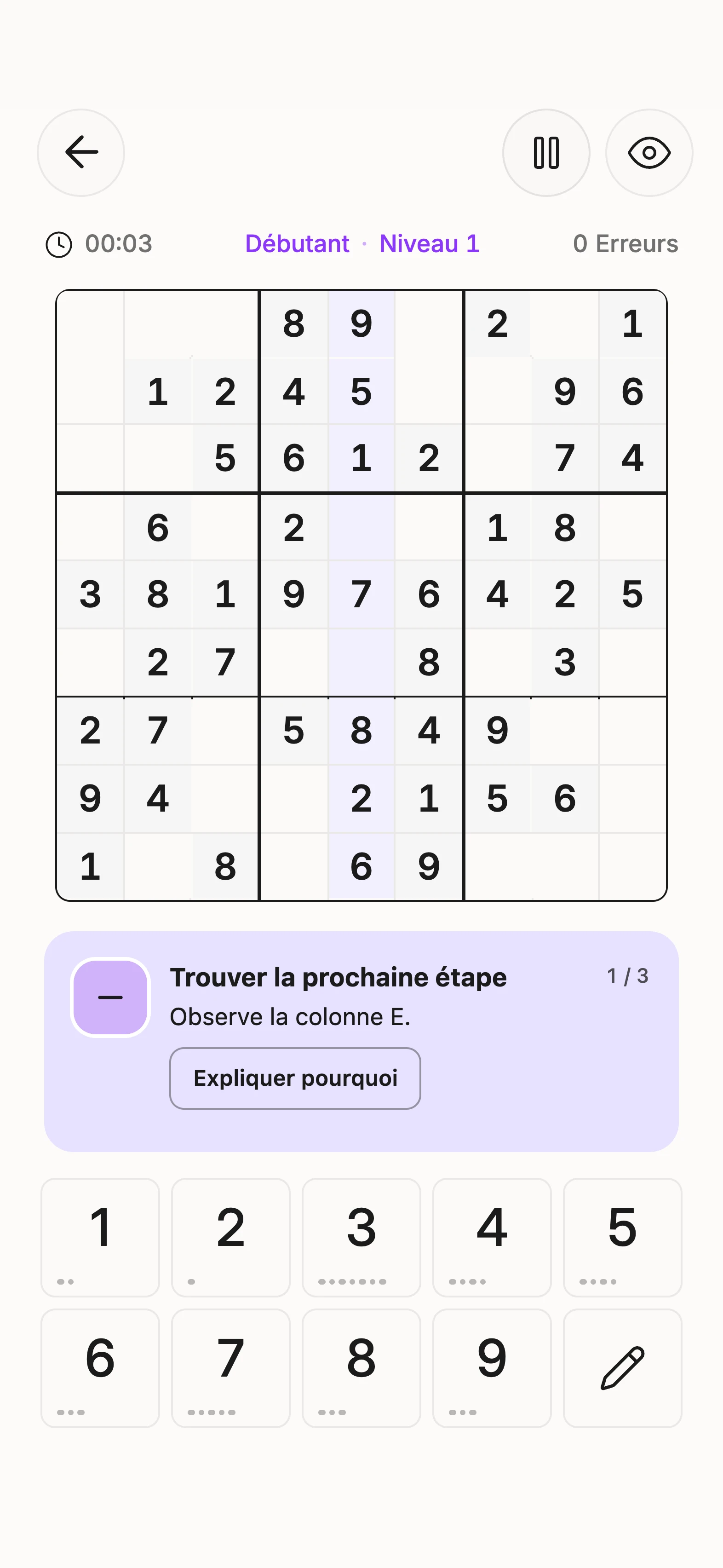 Un indice de sudoku expliqué dans Unisu