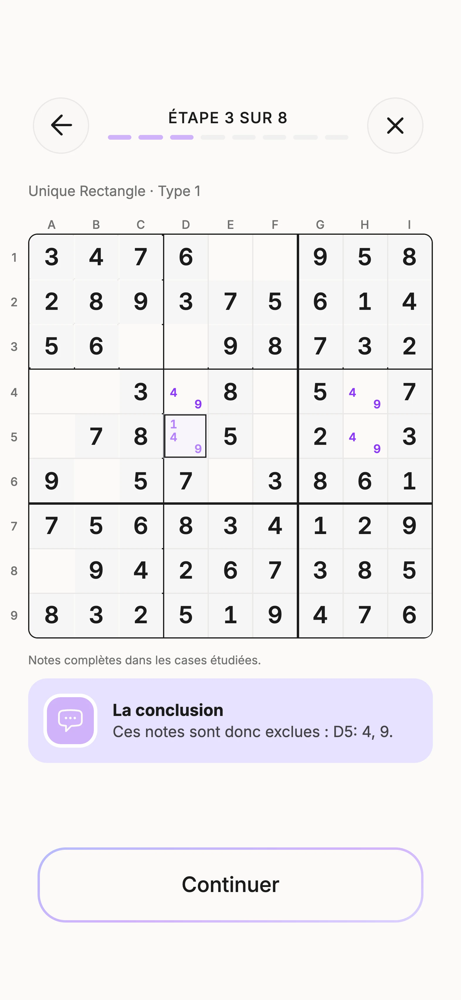 Leçon Unisu sur Unique Rectangle, avec la grille expliquée