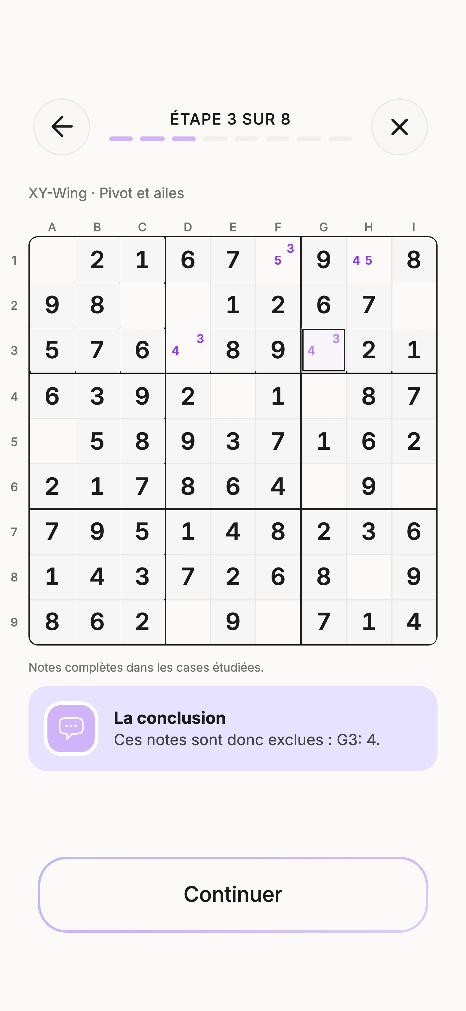 Leçon Unisu sur XY-Wing, avec la grille expliquée
