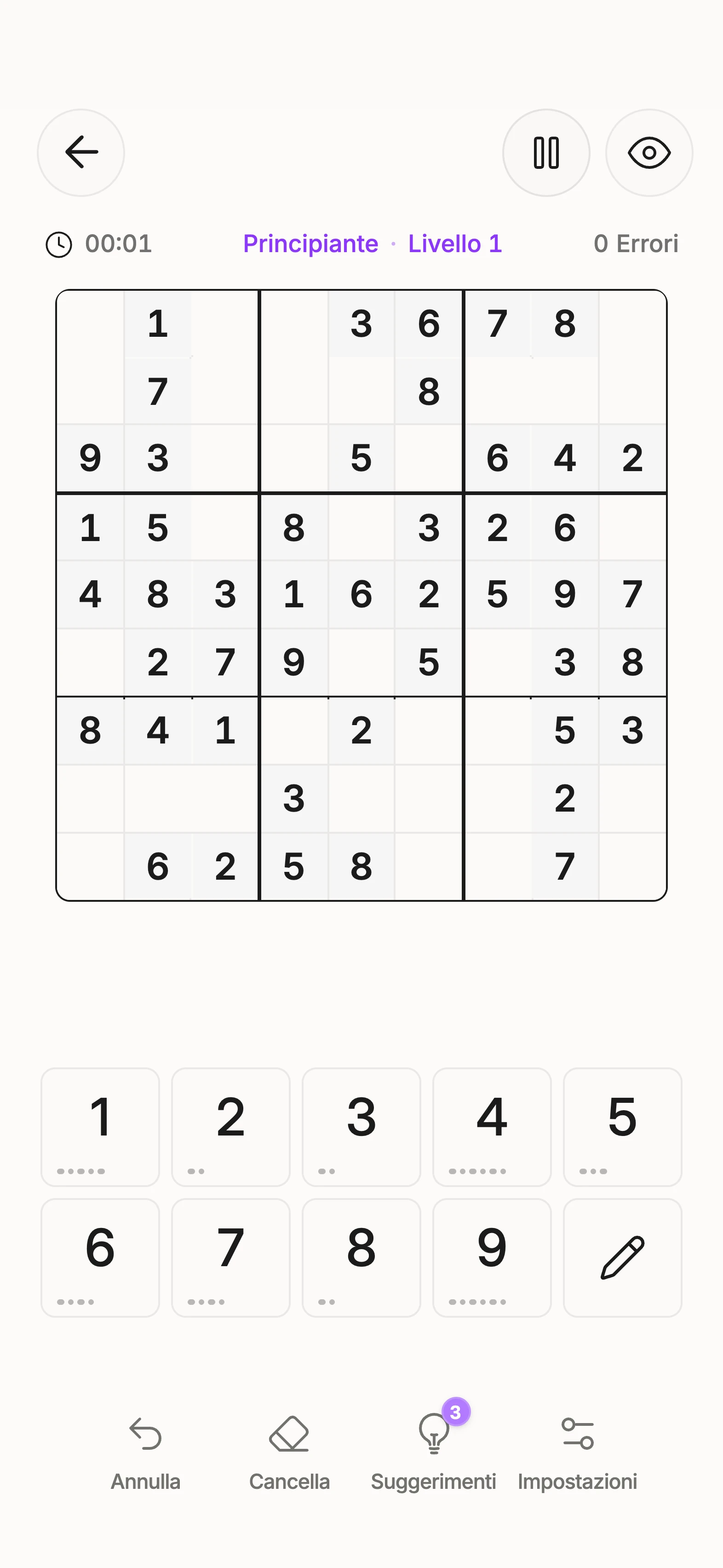 Una partita a sudoku classico in Unisu